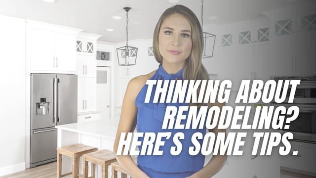 Remodeling tips graphic featuring a woman in a bright white kitchen.