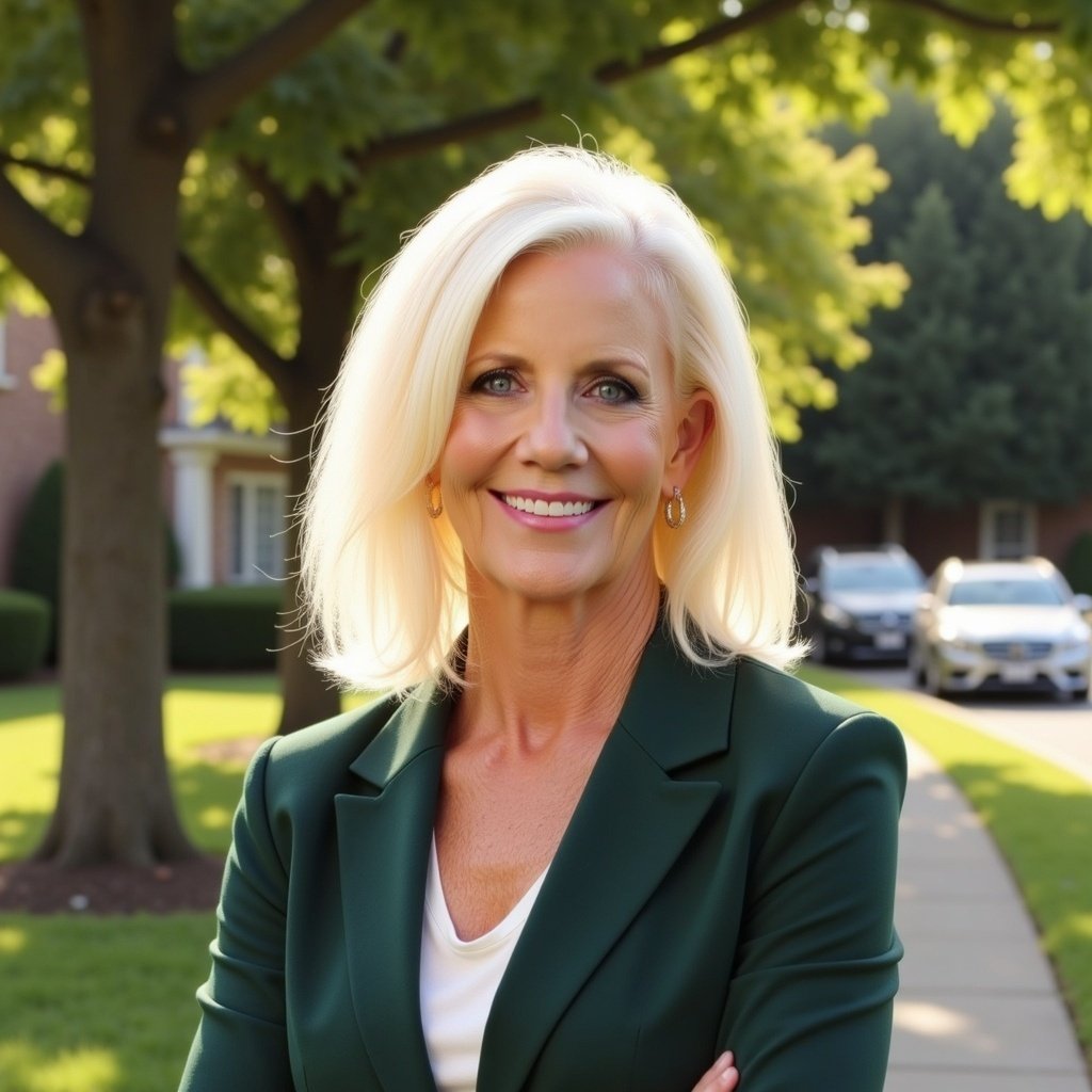 Lorelei Nielsen smiling in a dark green blazer on a tree-lined street.