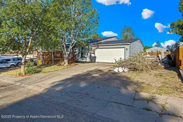 House with a white double garage door, wide driveway, mature trees, and cut branches piled beside it.