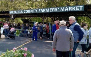 Shoppers gather beneath the Watauga County Farmers’ Market sign, with flowers in the foreground.