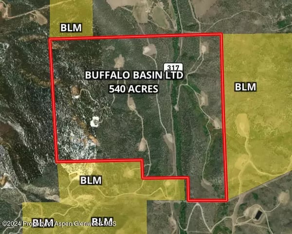 Aerial map outlining the 540-acre Buffalo Basin LTD parcel among BLM land.