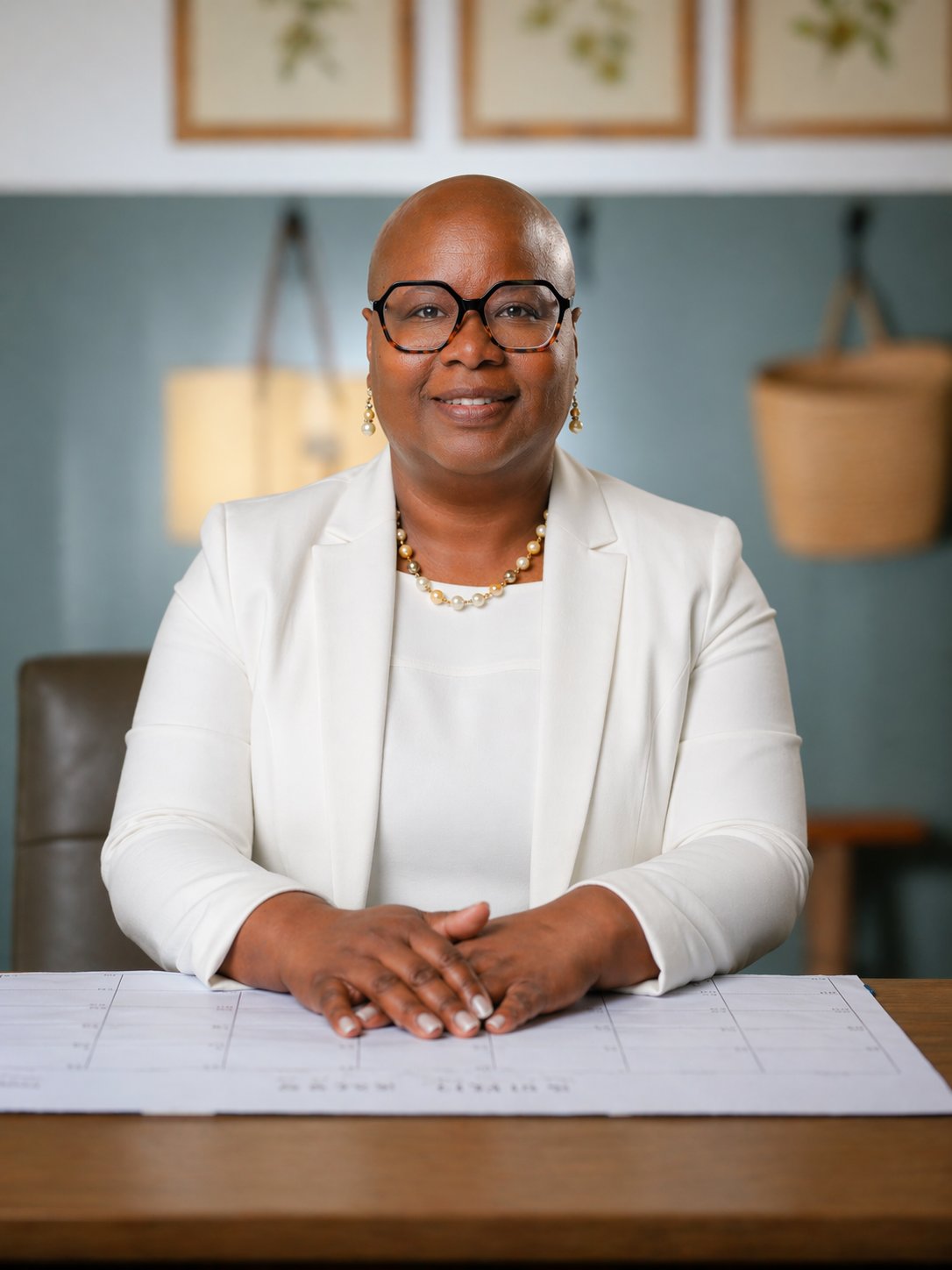 Woman in a white blazer and glasses seated at a desk with her hands folded.