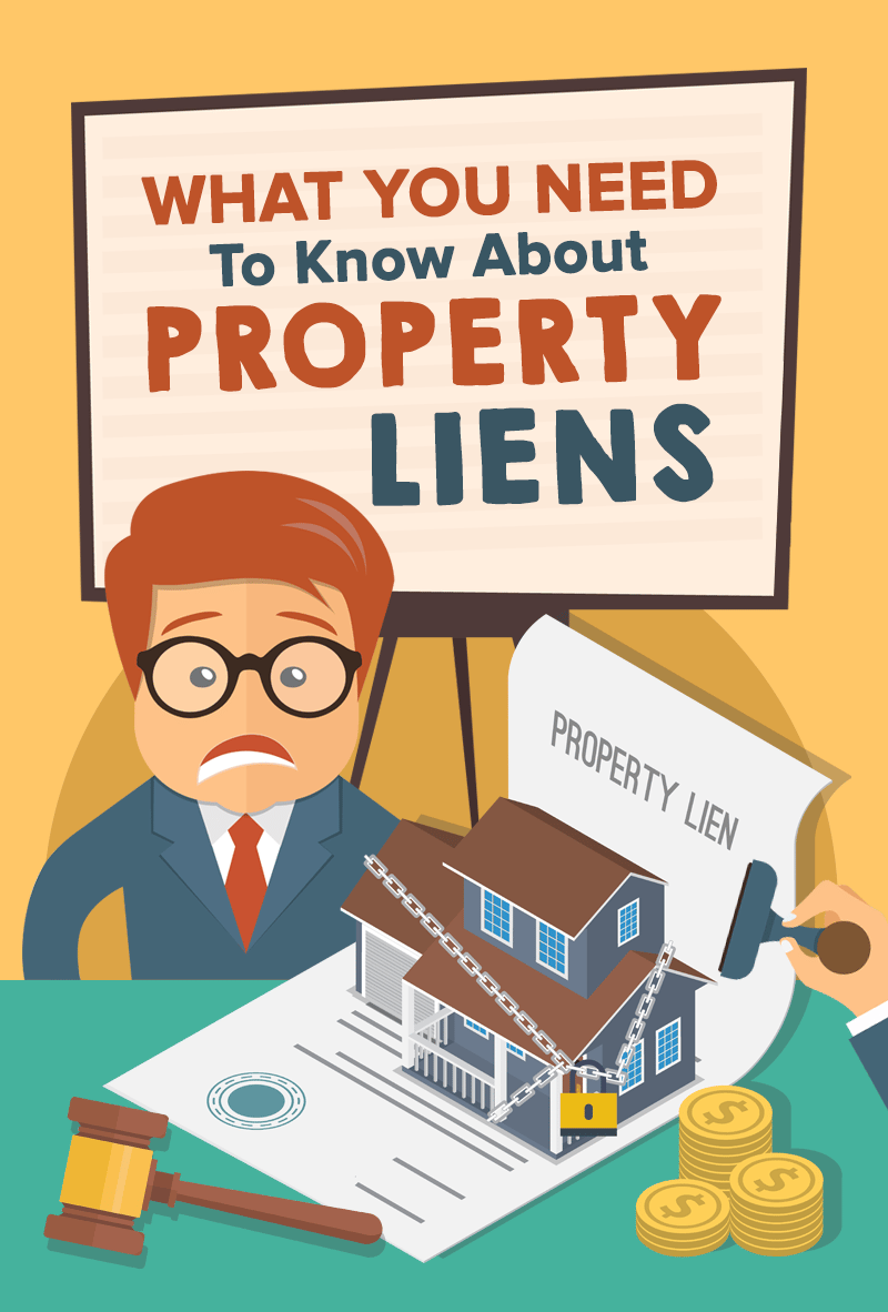 Illustration explaining property liens, with a chained house, lien document, gavel, and coins.