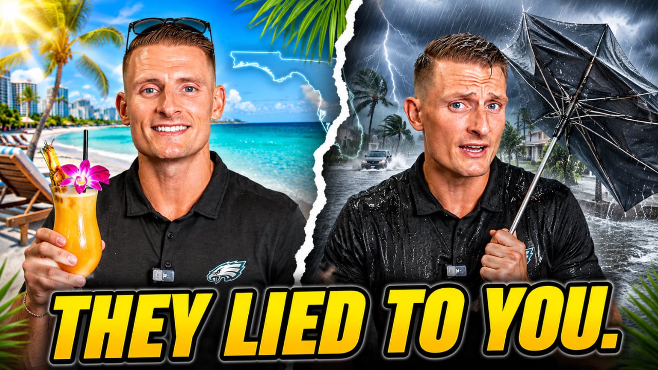 South Florida relocation thumbnail contrasts a sunny beach with a storm, flooded street, and the text “They Lied to You.”
