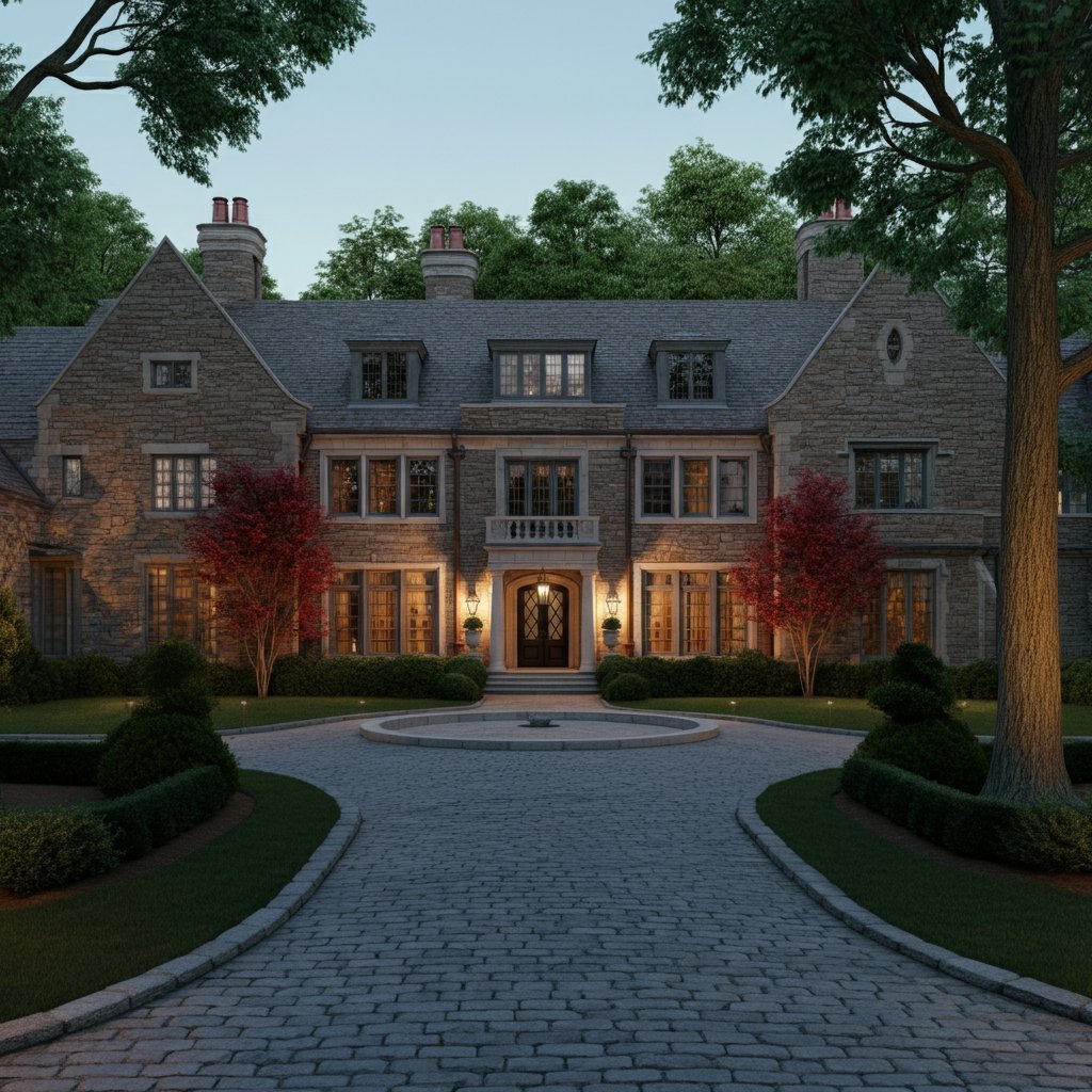 Historic Pennsylvania stone estate facade at twilight, warmly illuminated with glowing windows and circular cobblestone driveway.