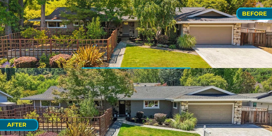 Before-and-after view of a single-story home with a refreshed gray facade, landscaped yard, and attached garage.