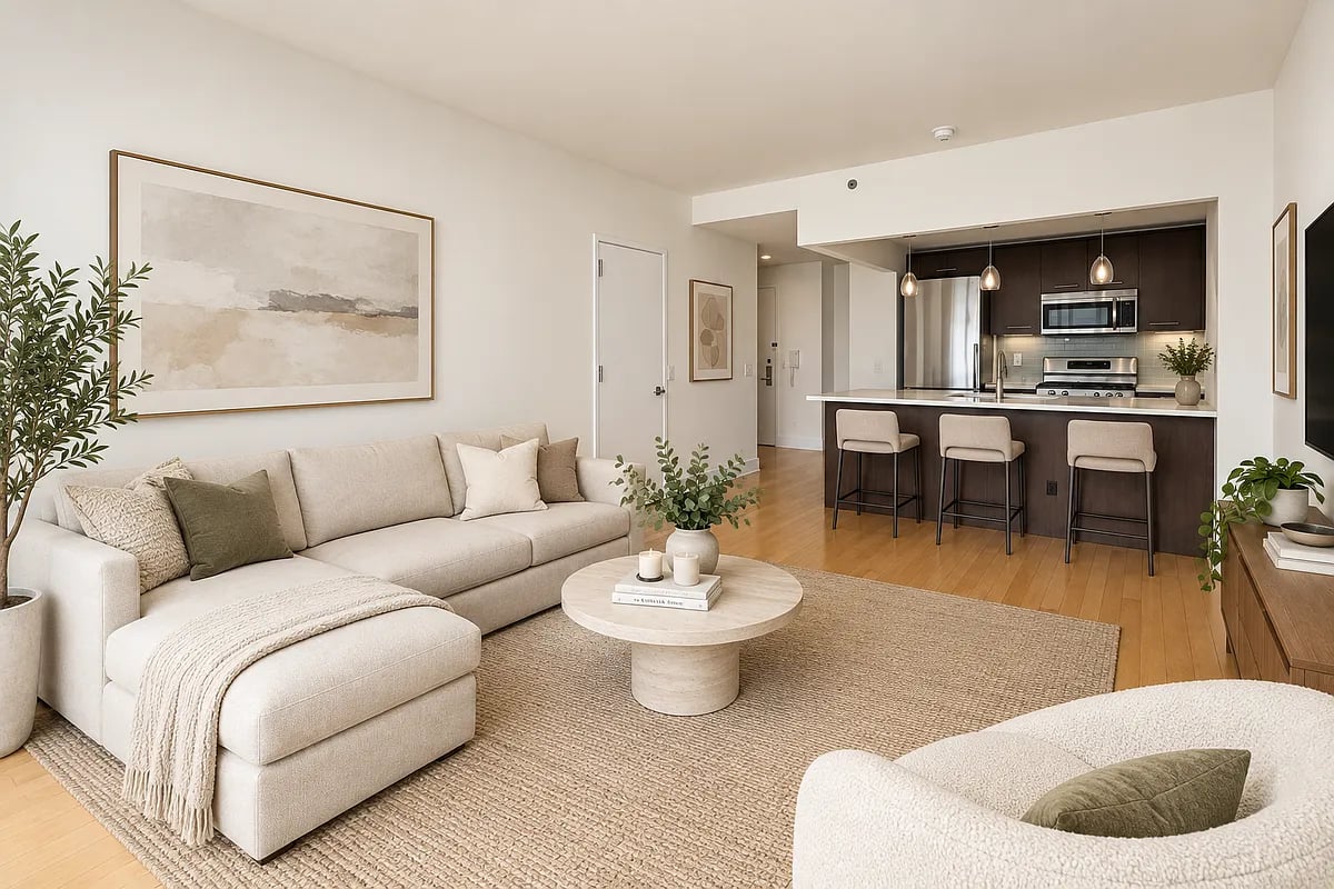 Open-plan living room and kitchen with a cream sectional, round coffee table, and dark kitchen island.