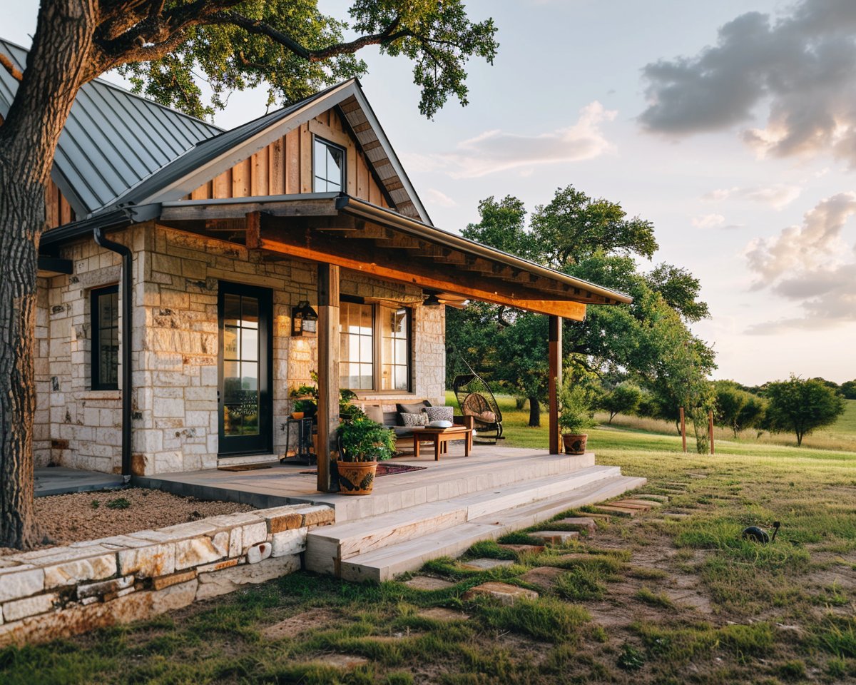 Stone-and-wood house with a metal roof and furnished covered porch beneath mature trees.