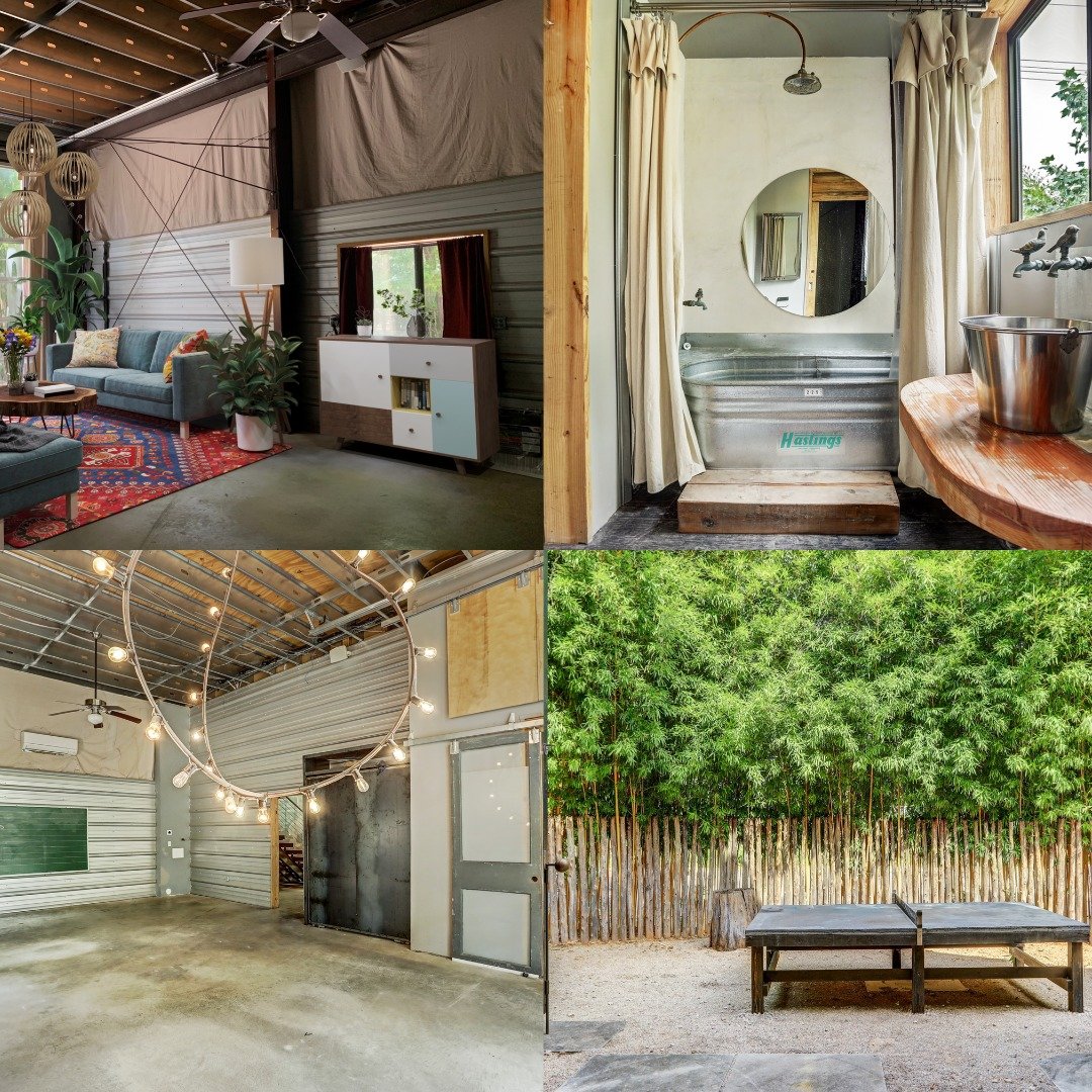 Photo collage of 640 Tillery Street, Austin: living area, stock tank bath, open studio space, and bamboo-lined courtyard.