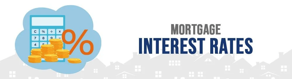 Mortgage interest rates, illustrated with a calculator, stacked coins, and a percent symbol.