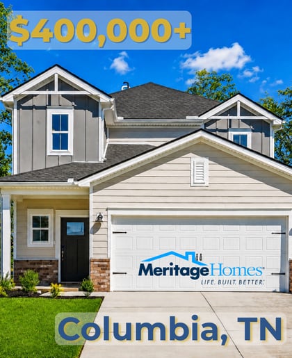 Two-story Meritage Homes house in Columbia, Tennessee, with a double garage and brick accents.