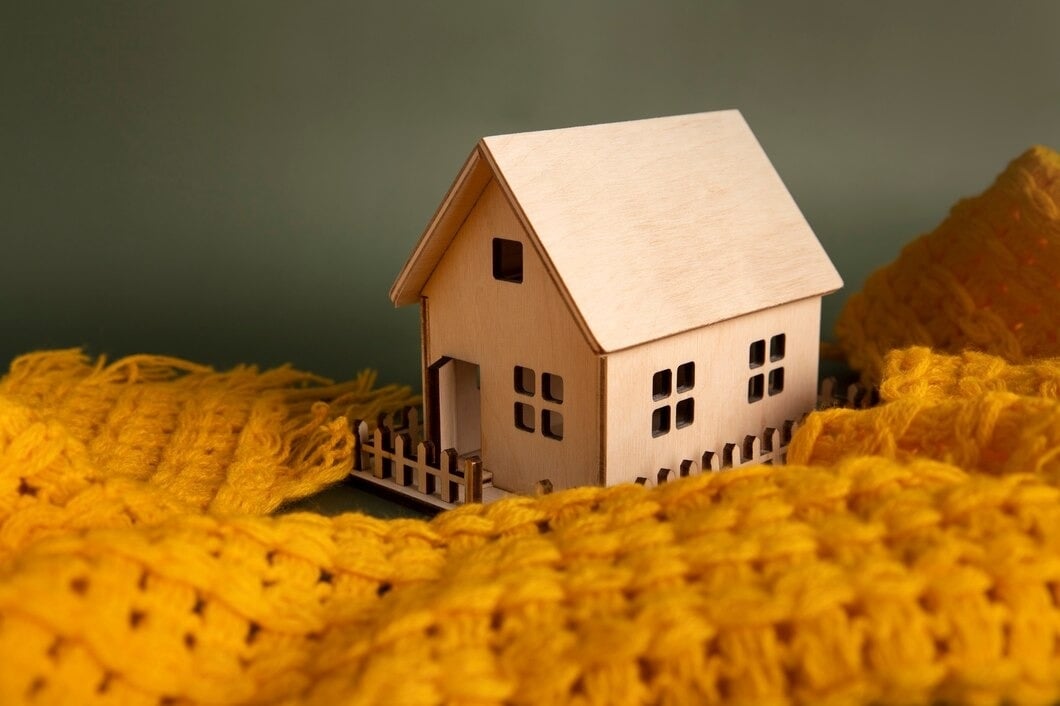 Wooden model house and picket fence resting on a mustard-yellow knitted blanket.