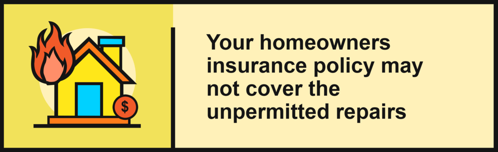 Infographic warns homeowners insurance may not cover repairs made without a permit.