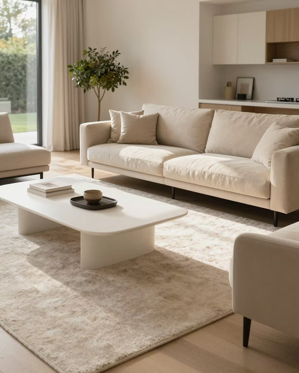 Modern living room with a cream sofa, white coffee table, and large garden-facing windows.