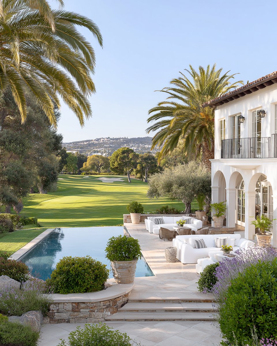 White Mediterranean-style home with furnished patio, swimming pool, and golf course beyond.