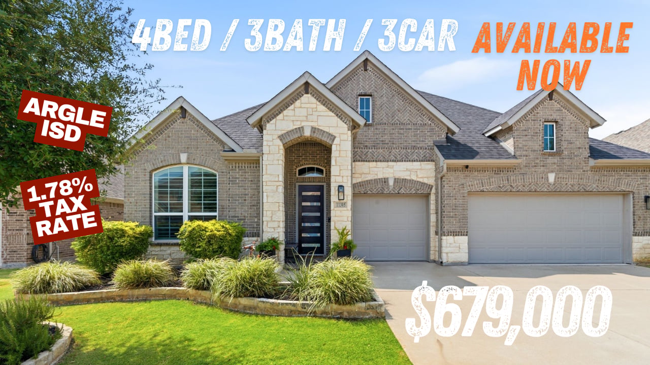 Daylight exterior of a $679,000 one-story home for sale in Trailwood, Flower Mound TX, featuring 4 beds, 3 baths, a 3-car garage, zoned Argyle ISD, with a 1.78% tax rate