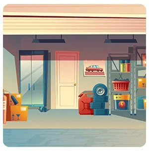 Garage interior with shelving, tools, storage bins, and stacked tires.