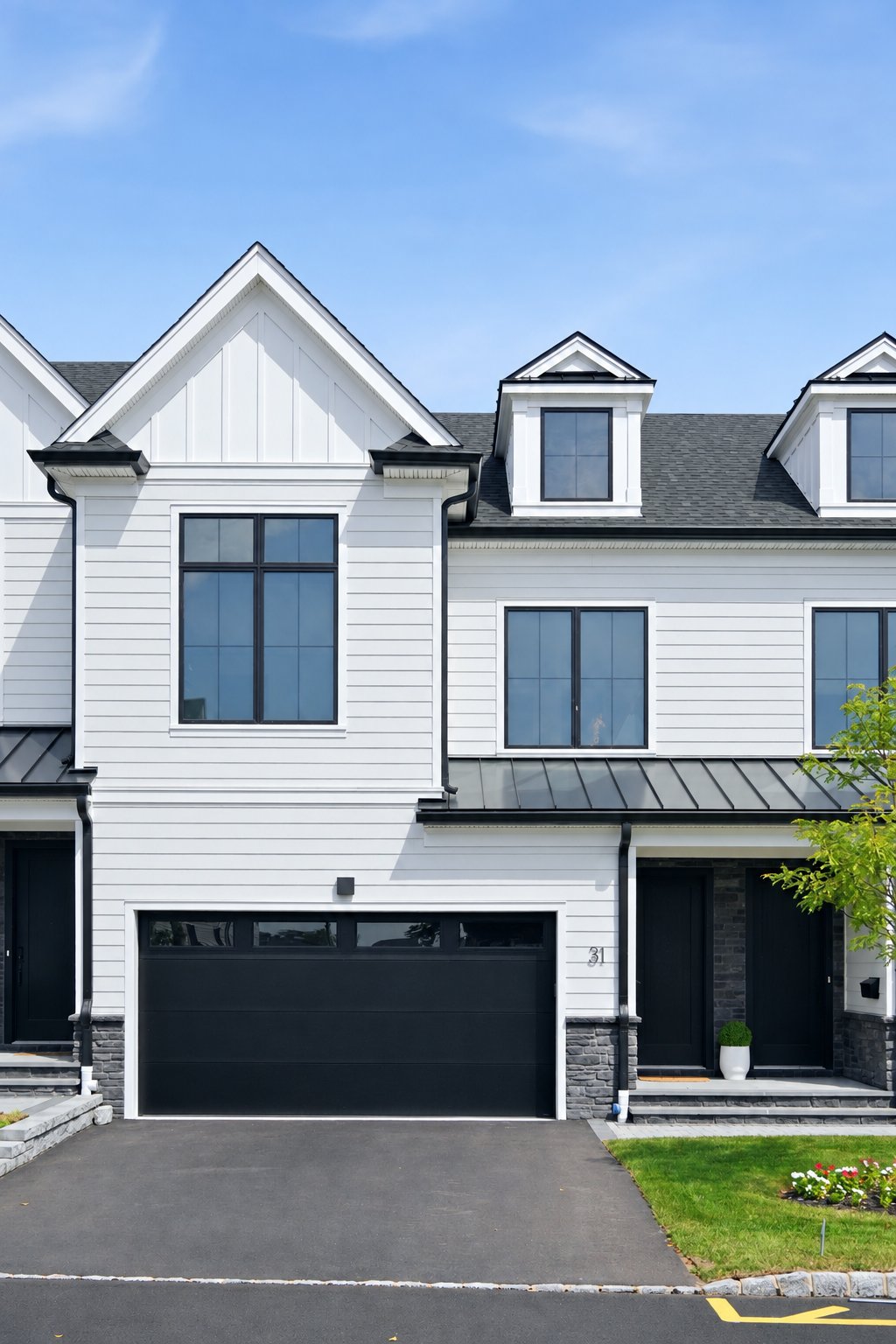 White-sided residence with a black double garage door, prominent gable, and dormer windows.