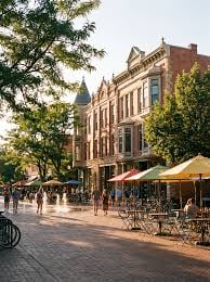 Historic brick storefronts line a tree-shaded pedestrian street with outdoor café seating.