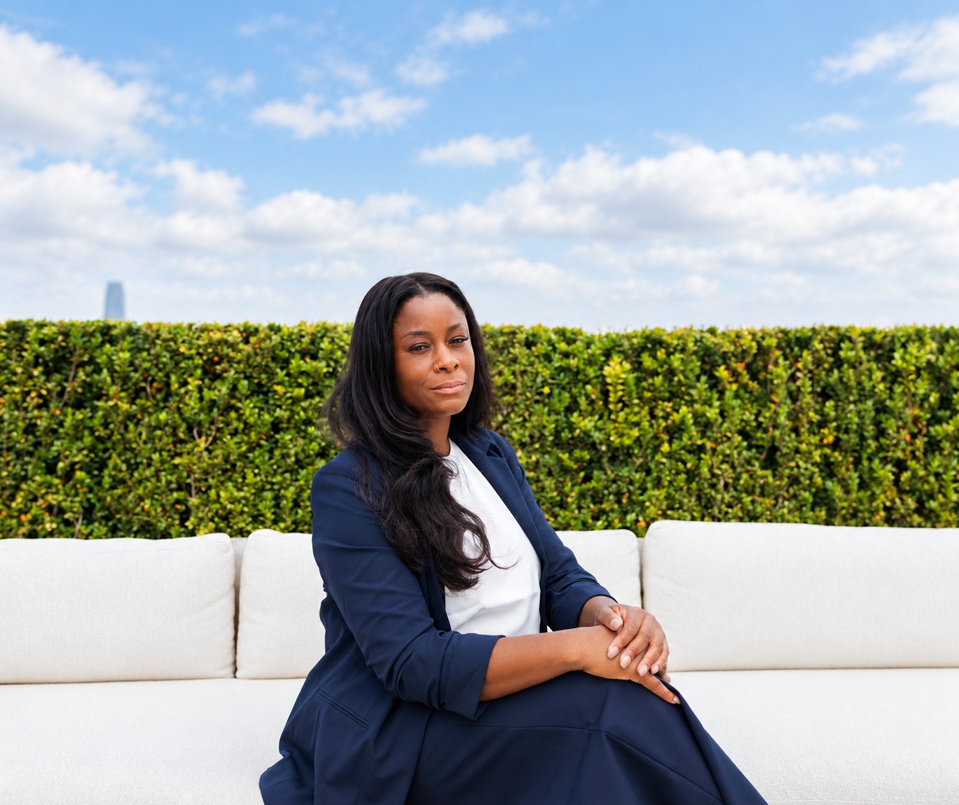 Staci Roberts seated on a white outdoor sofa in a navy suit, with a hedge and blue sky behind her.