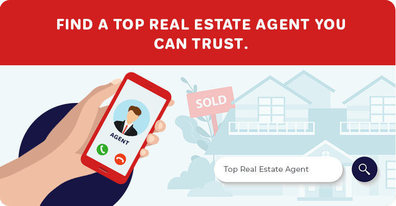 Illustration encouraging viewers to find a trusted real estate agent, with a phone, houses, and a SOLD sign.