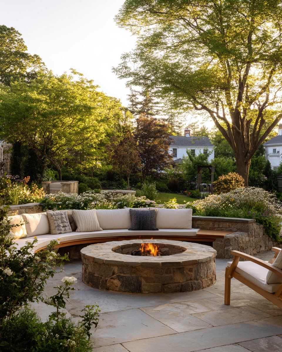 Backyard patio with a round stone fire pit, curved seating, and mature trees.