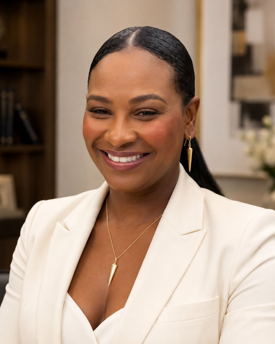 Katya Magni smiling in a white blazer and gold jewelry.