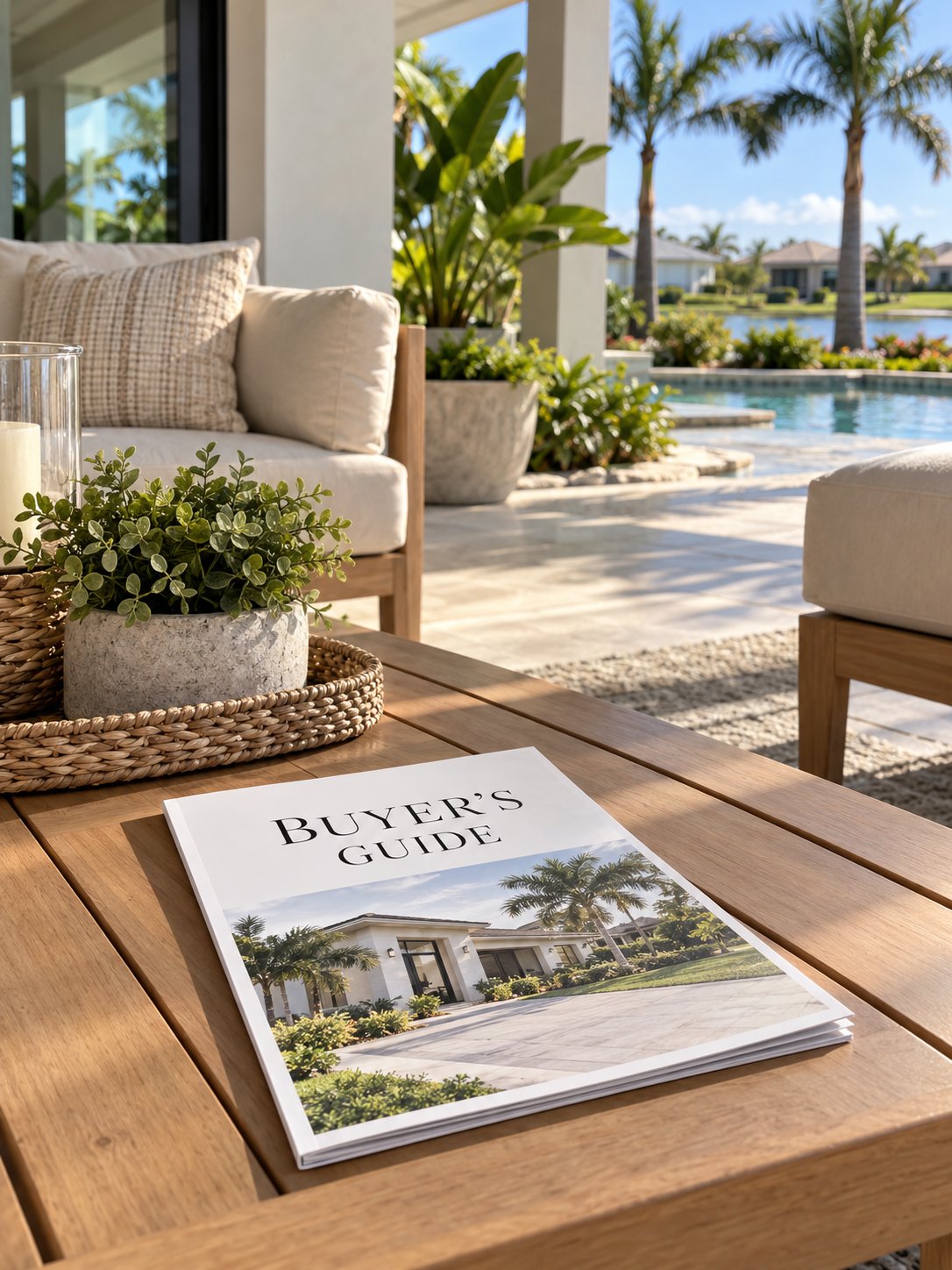 A buyer’s guide booklet on a patio table beside a pool, with palm trees and a modern home beyond.