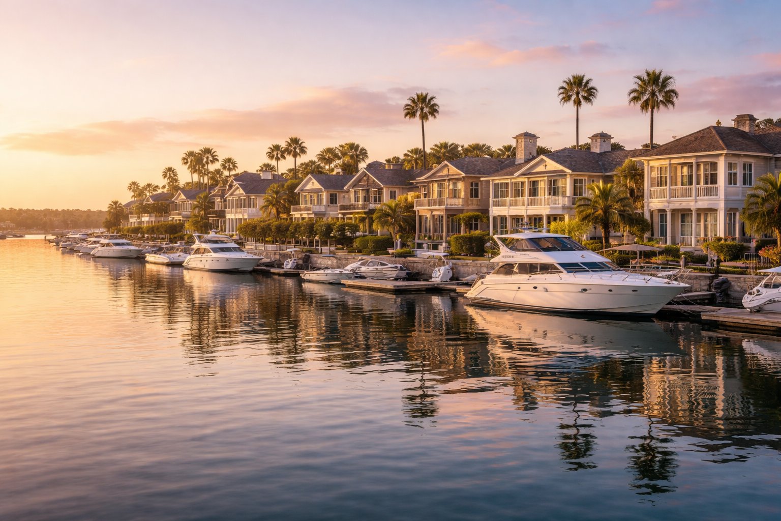 Exclusive gated waterfront homes with private boat docks in Bayshores community, Newport Beach
