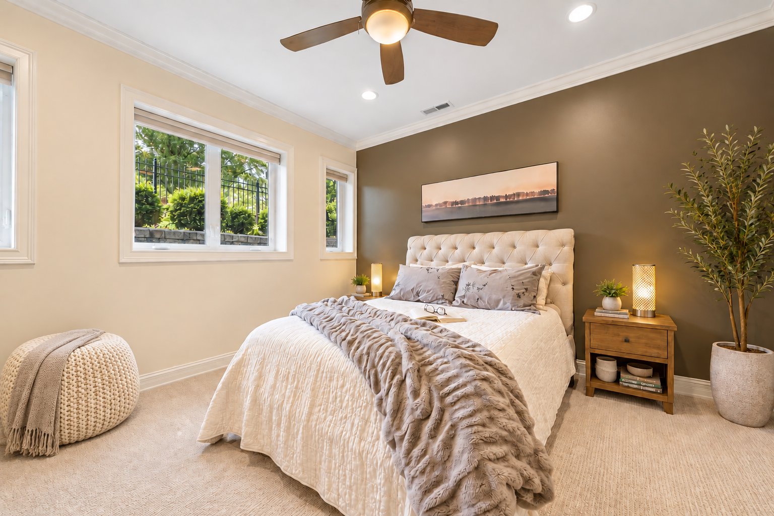 Lower-level bedroom with large windows and a ceiling fan in a Chicago duplex down condo