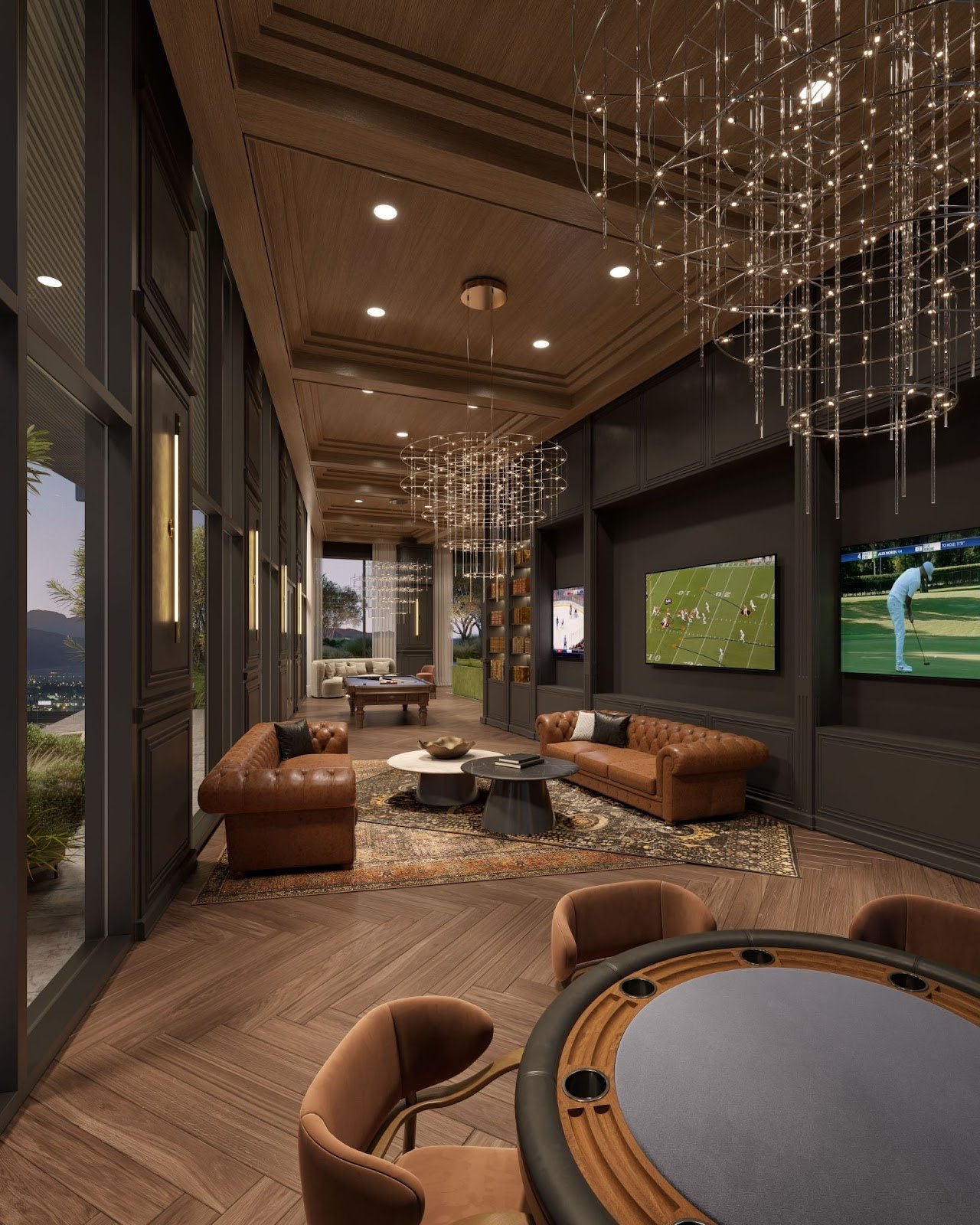 Cello Tower amenity lounge with a billiards table, leather seating and chandeliers.