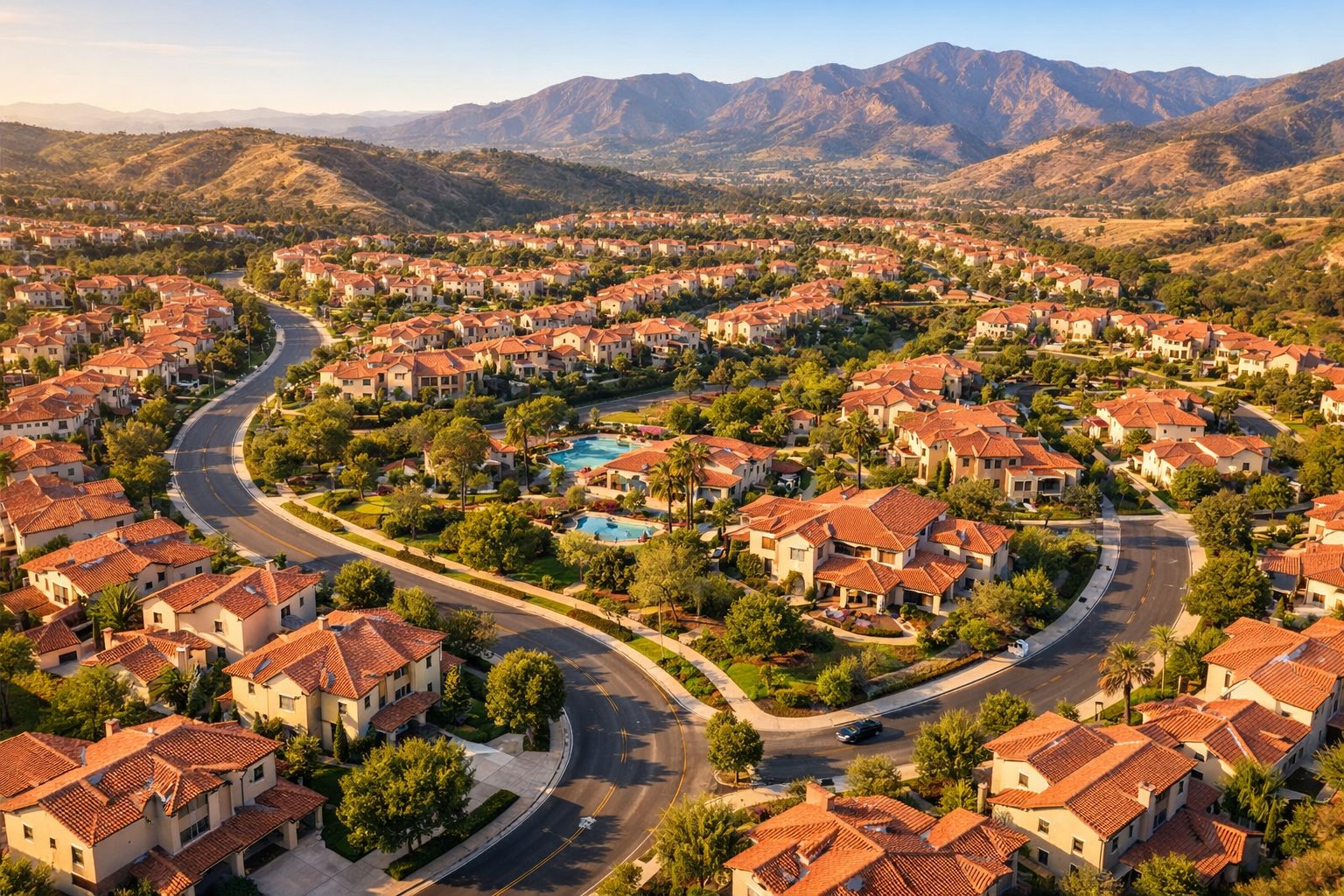 Marina Hills HOA resort-style pool, spa, and clubhouse with palm trees and BBQ areas in Laguna Niguel CA