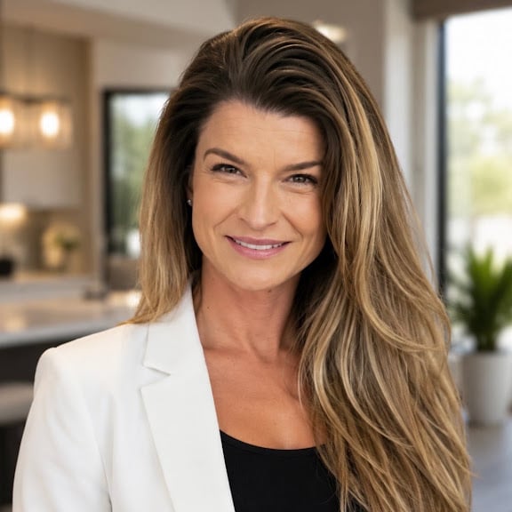 Crystalei Daniels in a white blazer, smiling in a modern interior.