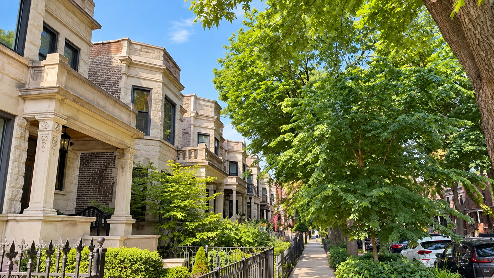 Stone and brick homes line a leafy Chicago street beside a landscaped sidewalk.