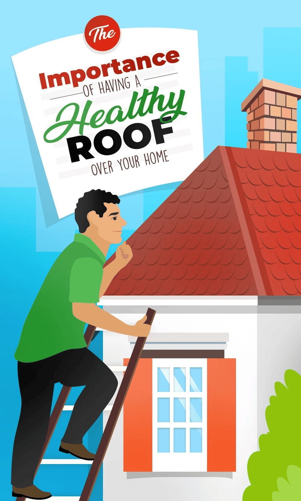 Illustration of a man climbing a ladder to inspect a red tiled roof, with a headline about roof health.