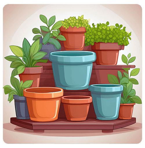 Potted plants arranged on tiered shelves, with colorful pots and leafy greenery.