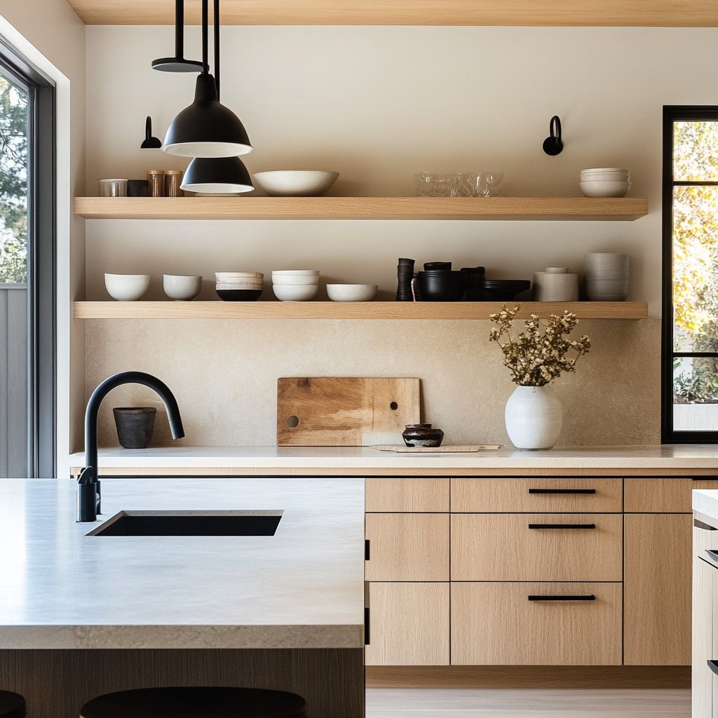 Modern kitchen with light oak cabinets, open dish shelves, and a white island with a black sink.