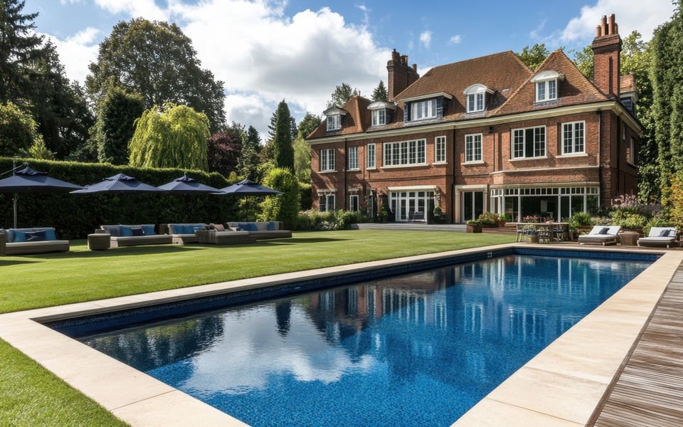 Red-brick house behind a swimming pool, with landscaped lawn and outdoor lounge seating.