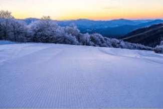 Snow-covered ski slope bordered by frosted trees and mountain ridges at sunset.