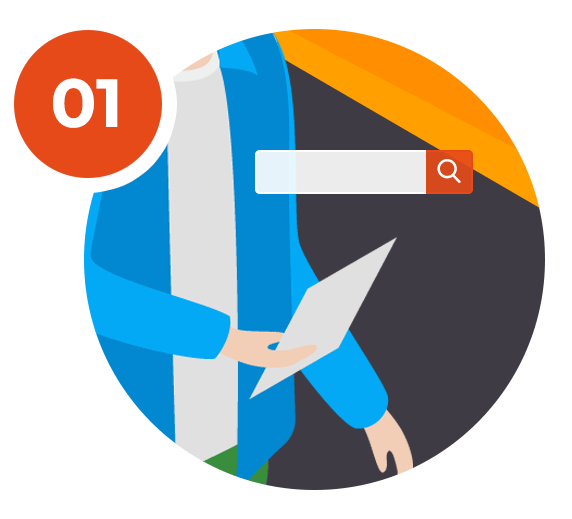 Tip 01: An illustrated person holding a sheet of paper beneath a search bar.