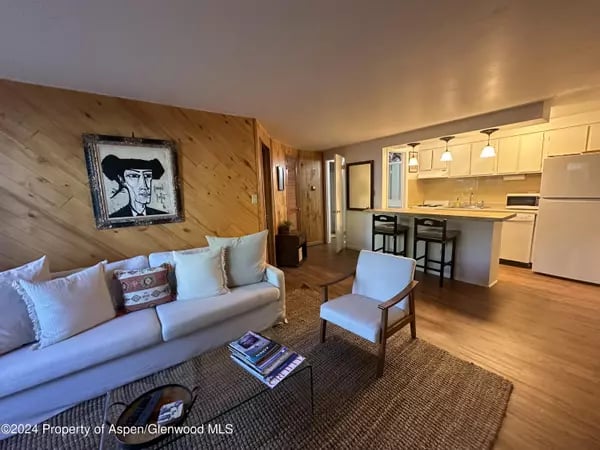 Living room with a white sofa, slanted wood-paneled wall, and open kitchen with breakfast bar.