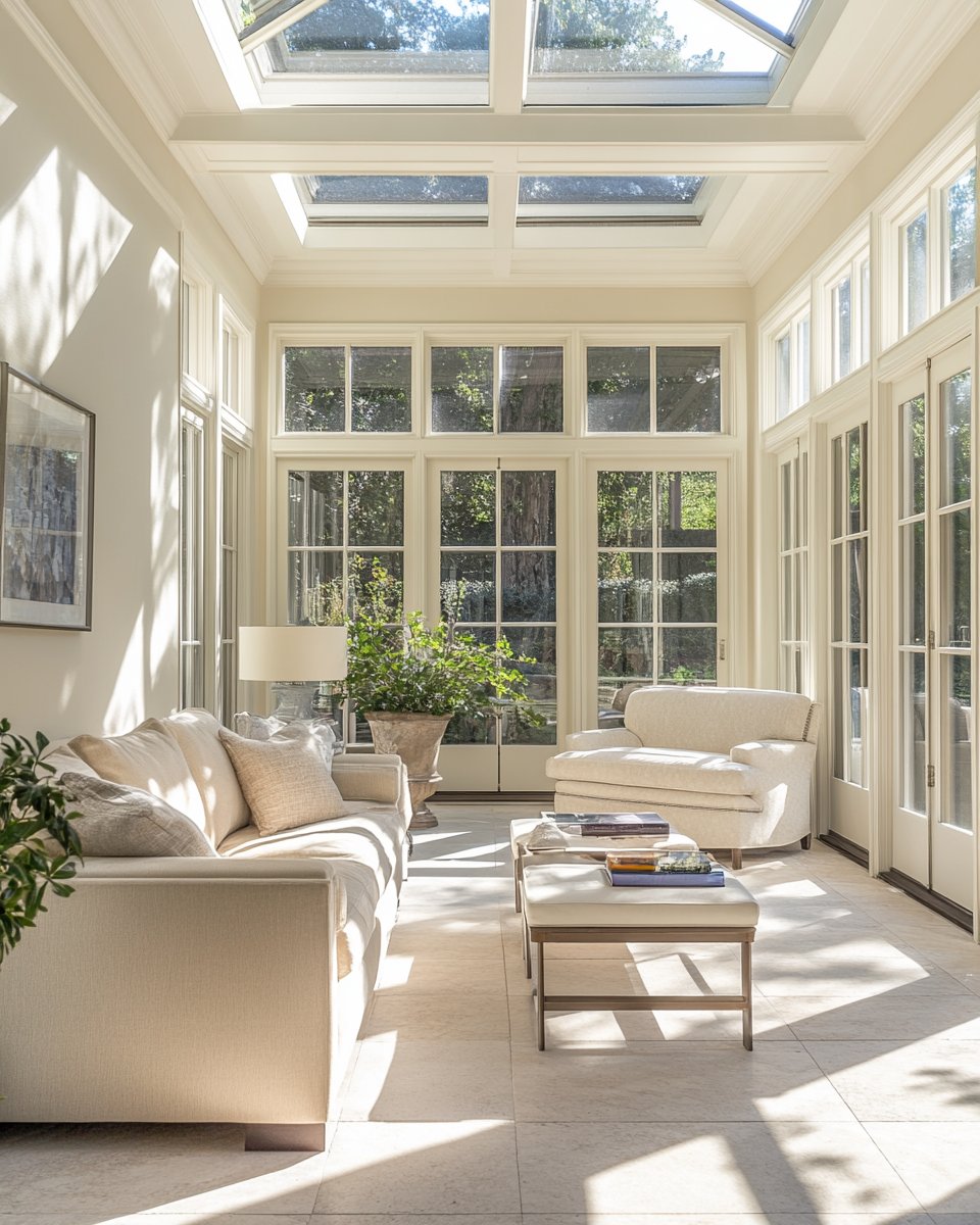 Sunlit sunroom with cream sofas, large garden-facing windows, and skylights.