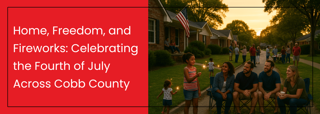 Family and neighbors celebrating the Fourth of July with sparklers and fireworks in a suburban Cobb County neighborhood.