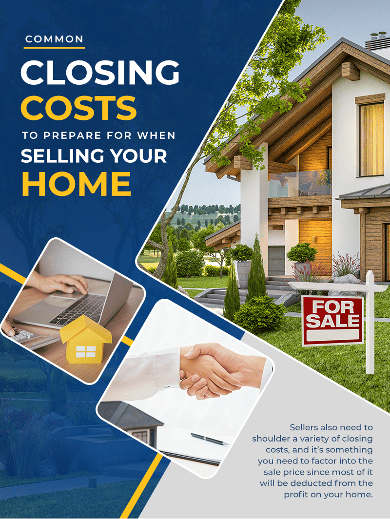 Common closing costs to prepare for when selling your home, illustrated with a for-sale house, laptop, and handshake.