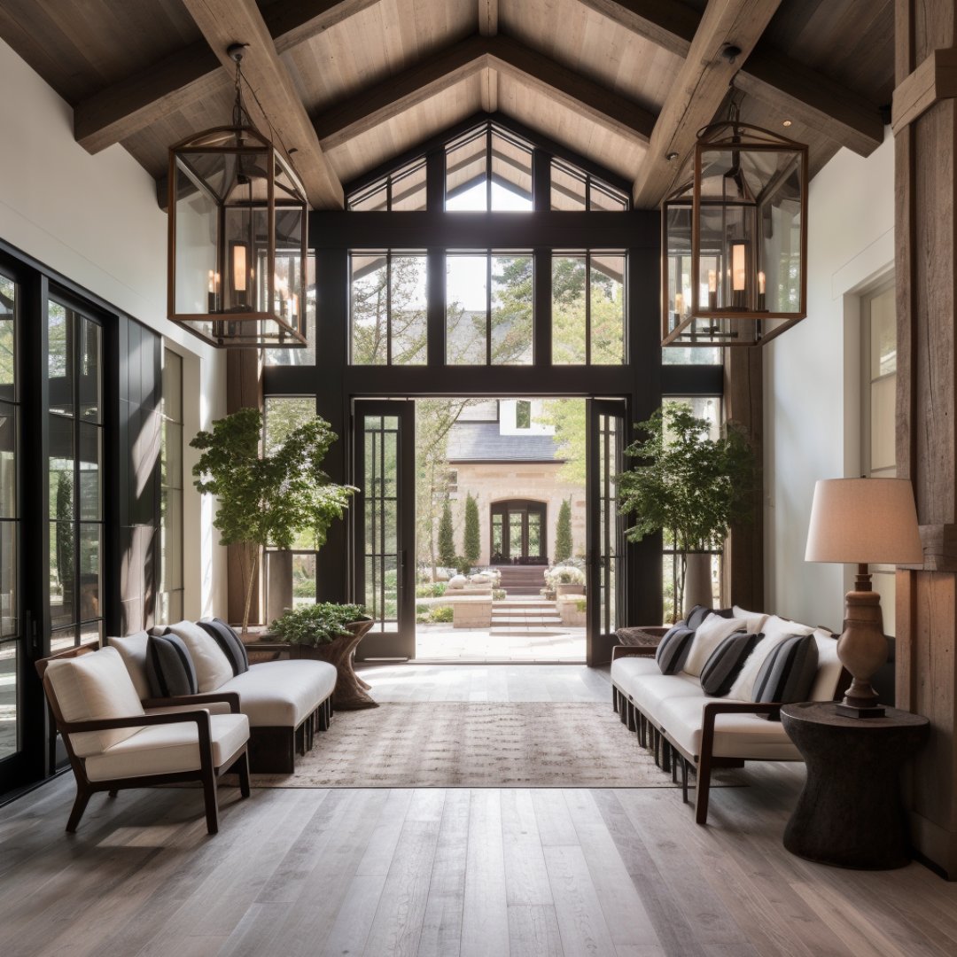 Furnished entry sitting area with a vaulted timber ceiling, tall windows, and white sofas.