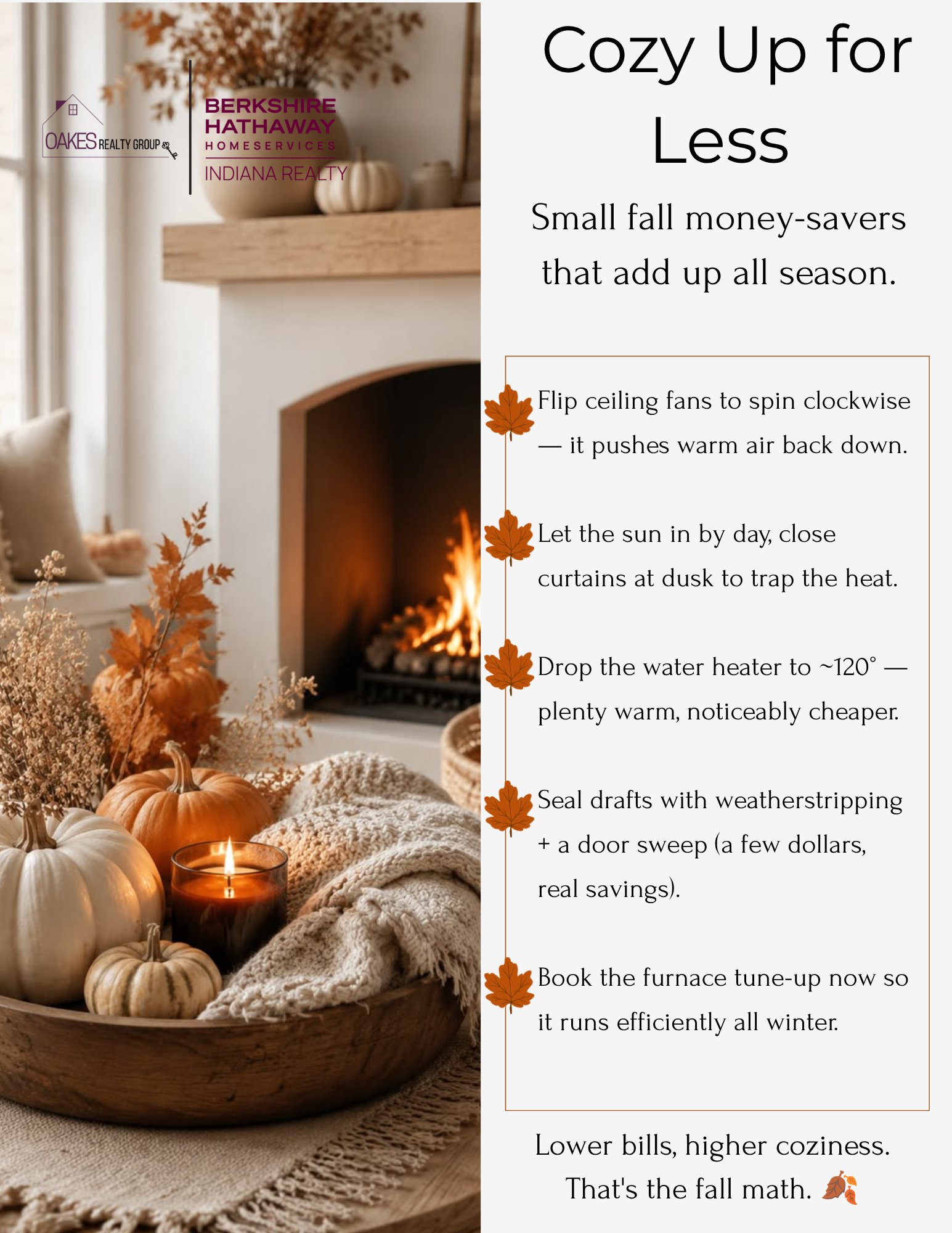 Fall energy-saving tips beside a cozy fireplace decorated with pumpkins and autumn foliage.