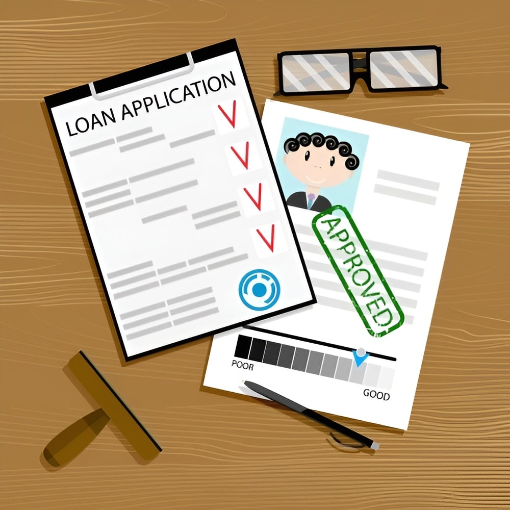 Mortgage loan application marked approved beside a credit score rating scale.