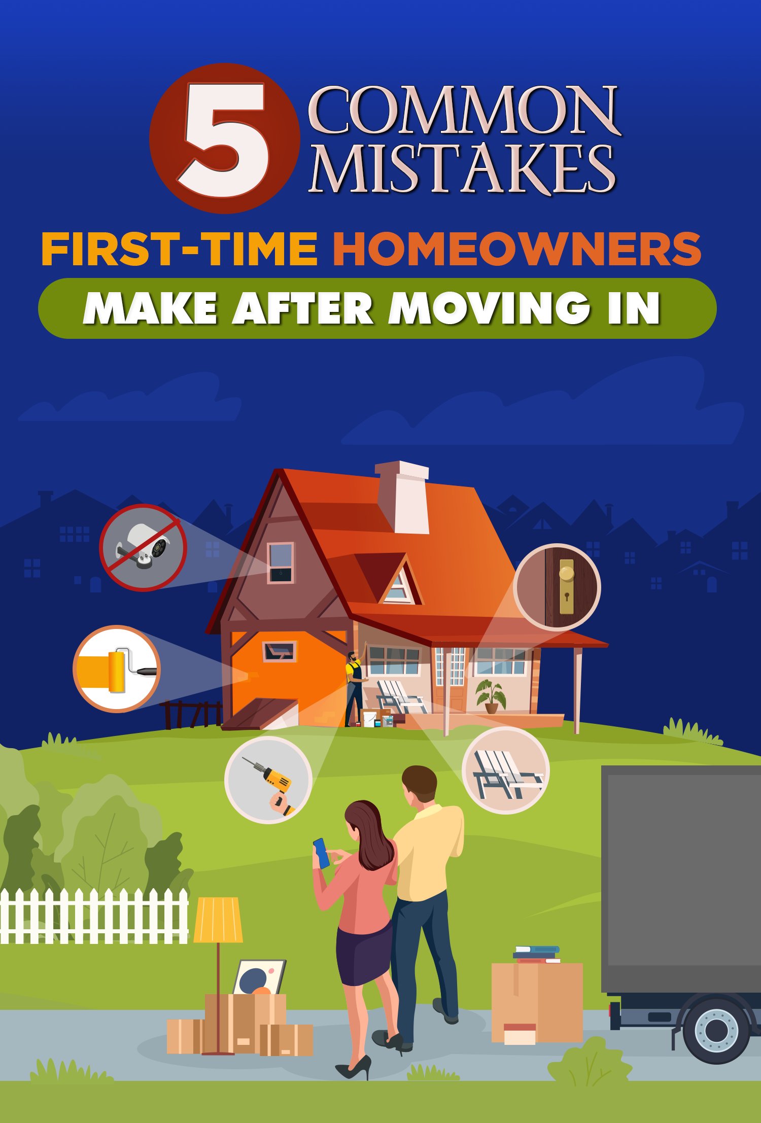 Infographic about five common mistakes first-time homeowners make after moving in, illustrated with a couple and a house.