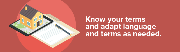 Real estate contract illustration with a small house and a reminder to know and adapt contract terms.