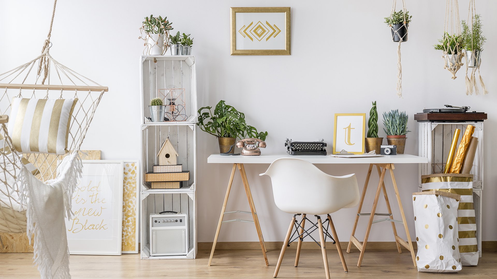 Home office with a white desk, hanging plants, and a spacious pale wall behind it.